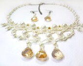 Antique Vintage Inspired Beaded Lace Wedding Set - Bridal Jewelry Necklace and Earrings