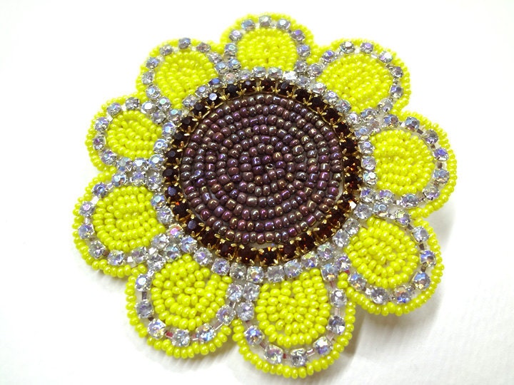 Summer Sunflower Hair Clip Beaded Yellow Brown Rhinestones