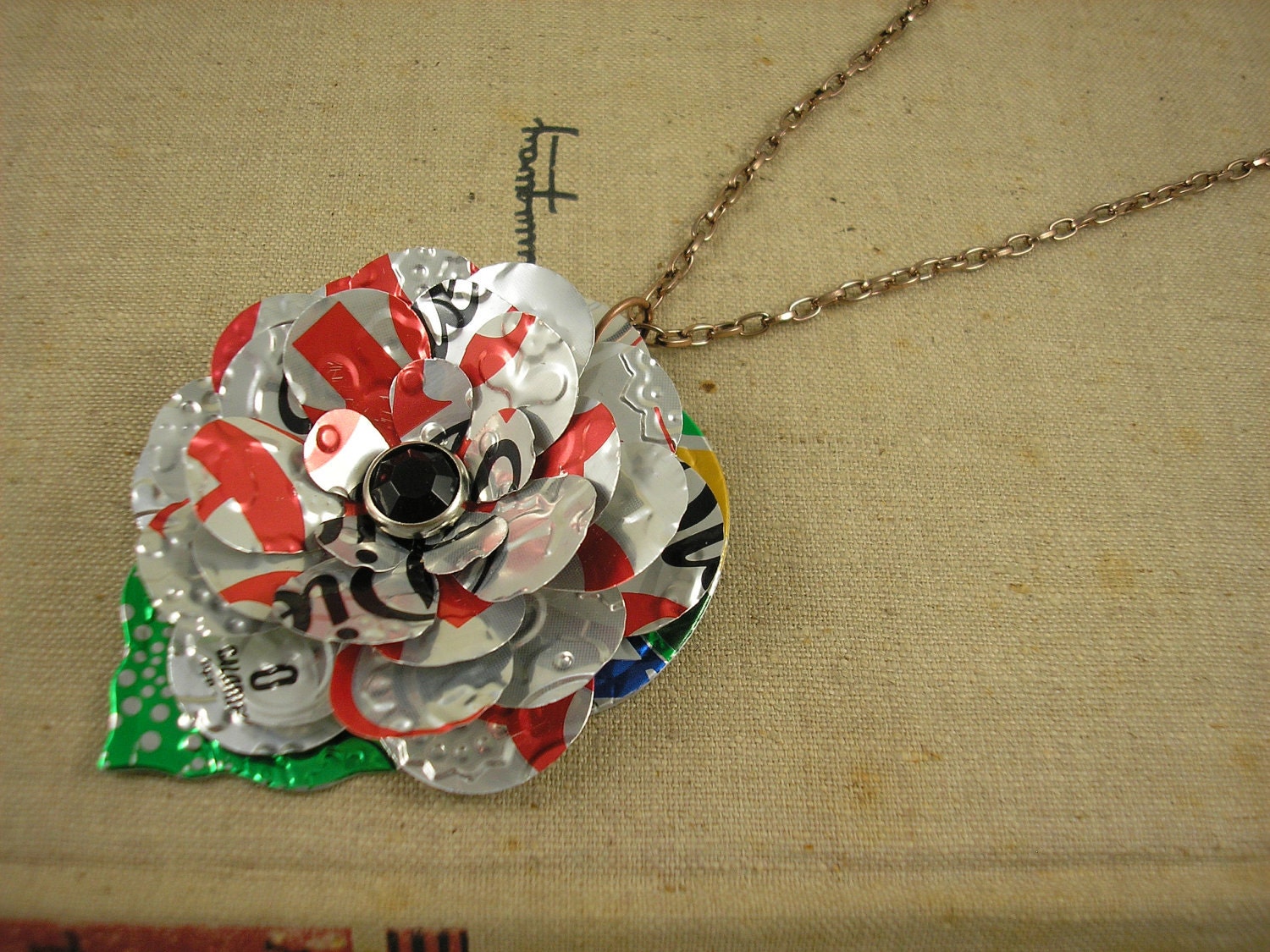 TRENDY 30 inch Pendant Necklace. RecycledcSoda Can Art - Diet Coke Flower and Leaf