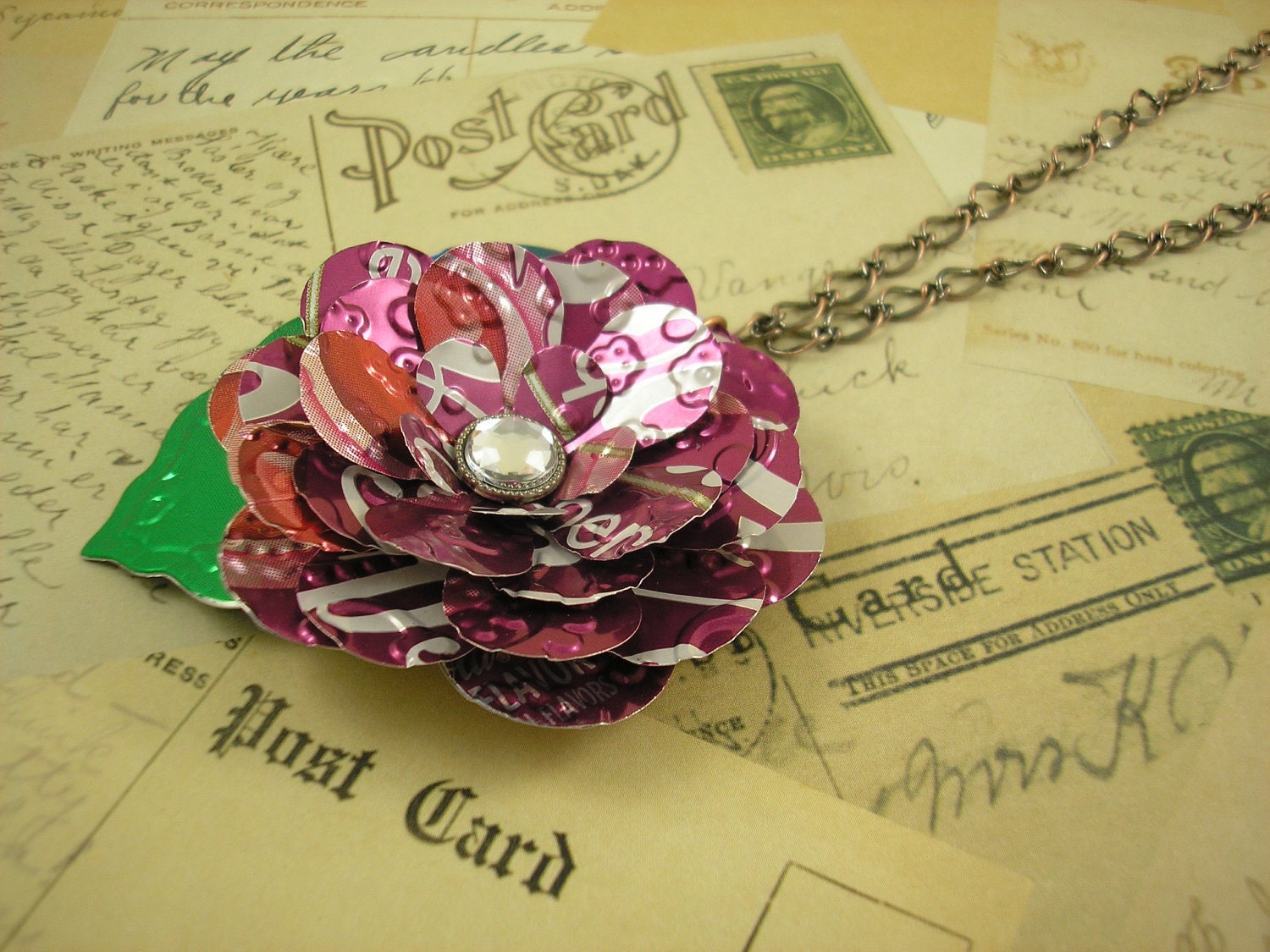 Trendy 30 Inch Rose Pendant Necklace. Recycled Soda Can Art - Cherry Coke Flower and Leaf