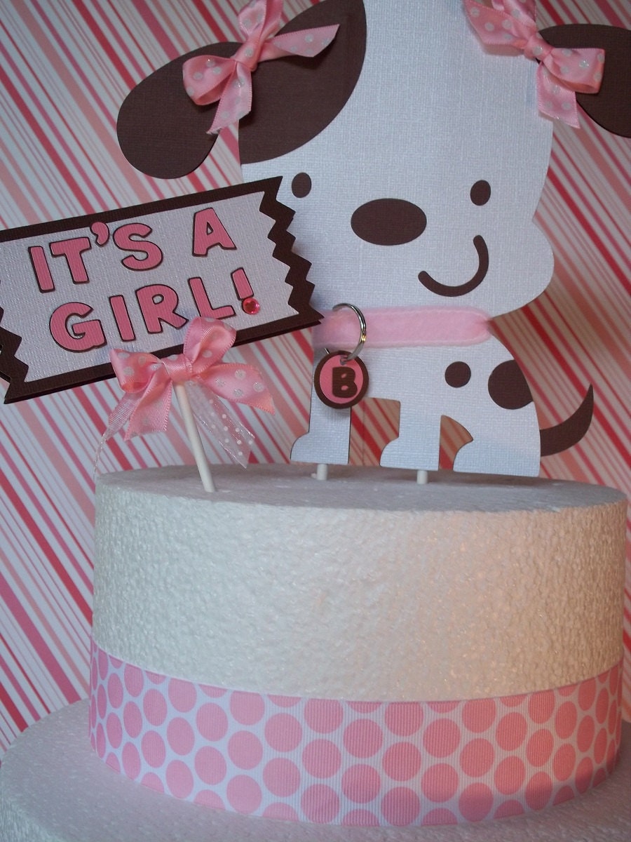 Puppy "it''s a girl" Baby Shower CAKE TOPPER SET in Pink and  Brown