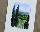 Italian watercolor painting- Pienza's Cypress- 5x7 print matted to 8x10