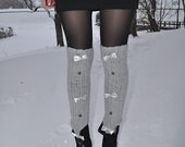 Leggins Crochet leg warmers in silver gray with satin bows and buttons Long women legwarmers