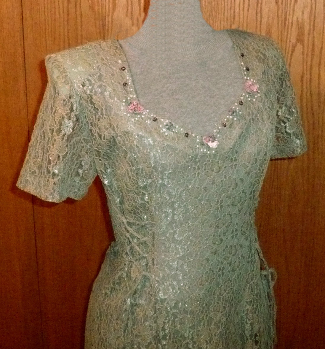 Vintage 1940's Inspired Boho Leaf Green Lace garden Tea Party Dress