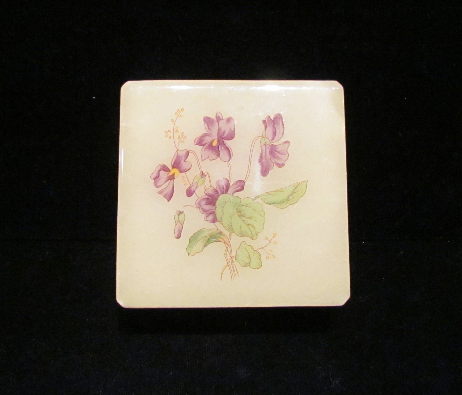 Vintage Alabaster Box Italian Hand Craved Box Handpainted Purple Flowers Trinket Box Jewelry Box