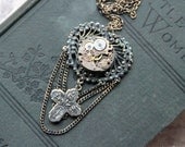 Steampunk Necklace - Sacred Heart Ex Voto - Victorian Gothic jewelry rustic patina, vintage watch, crucifix rosary Vampire love, ooak gift