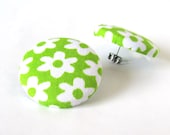 Large green stud earrings - button spring neon bright happy white flower