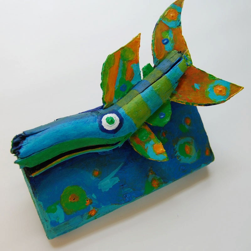 Table Top Fish Art - Colorful Whimsical Funky Fish Art Recycled Painted Wood Mixed Media 3d Creation