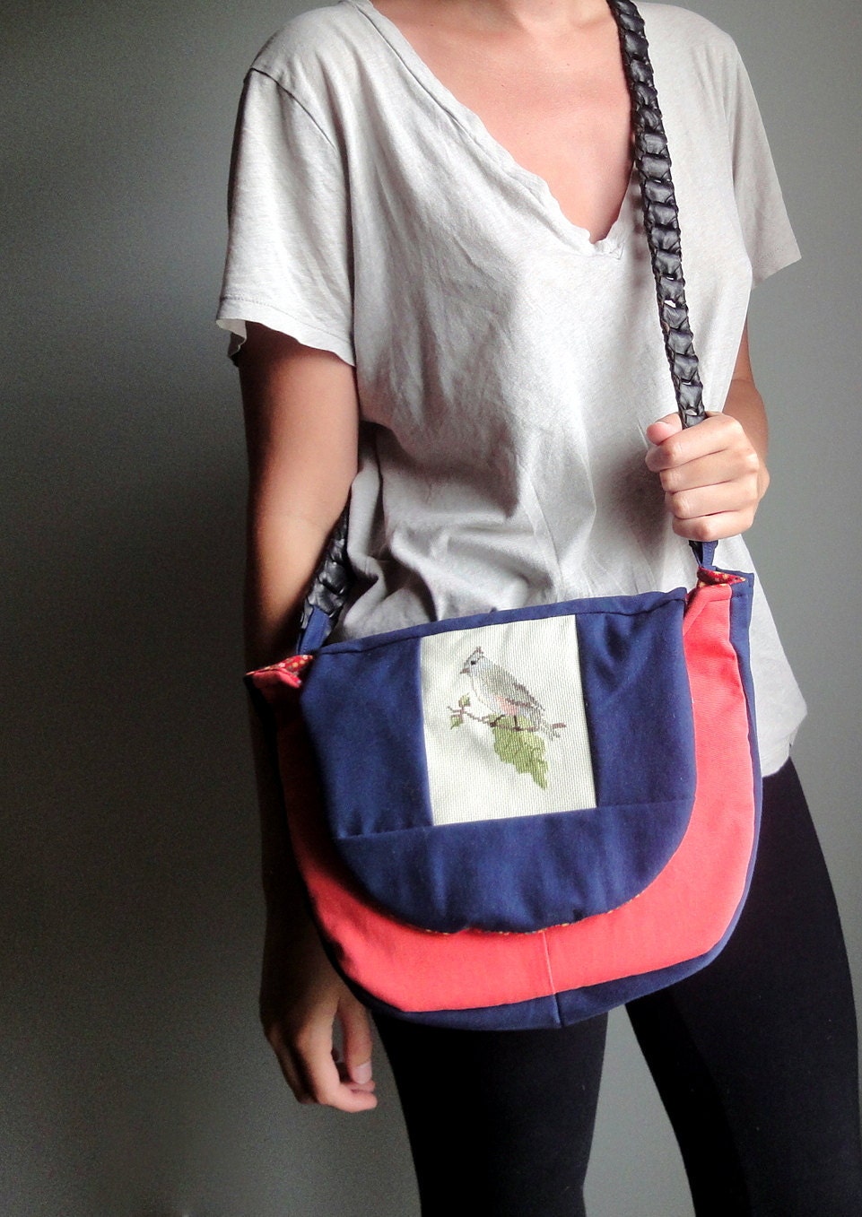 Upcycled Crossbody Bag with Vintage Bird Cross Stitch, Navy and Melon Colorblock Hip Bag