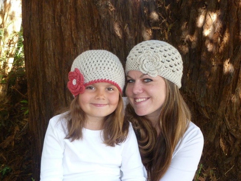 Girls Light Grey Crochet  Beanie Hat with Red Flower - Baby Toddler Children Adult Sizes Available