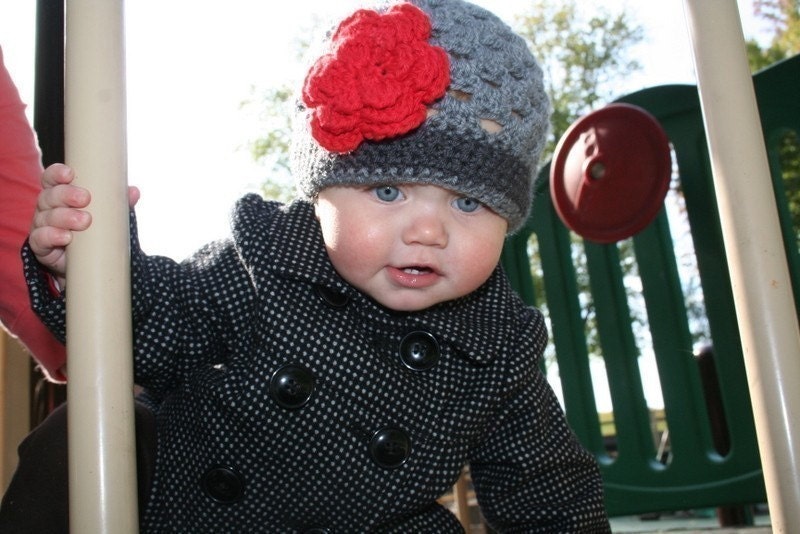 Grey Hat Beanie with Red Flower - Baby Toddler Children Adult