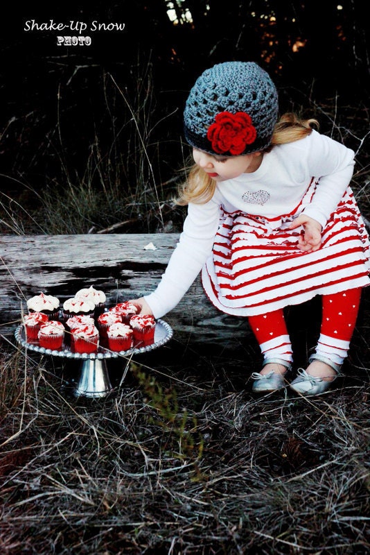 Girls Crochet Baby Beanie Hat in Charcoal Grey with Red Flower - Christmas Holiday Hat