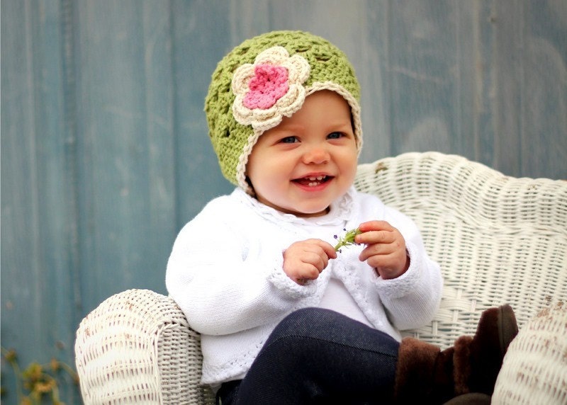 Baby Hat Beanie Green with Pink and Ecru Flower - Infant/Toddler/Child