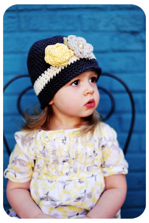 Girls Crochet Grey Yellow Cream Cloche Hat - Baby Toddler Children