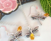 Silver dragonfly Mandarin garnet necklace and earrings set