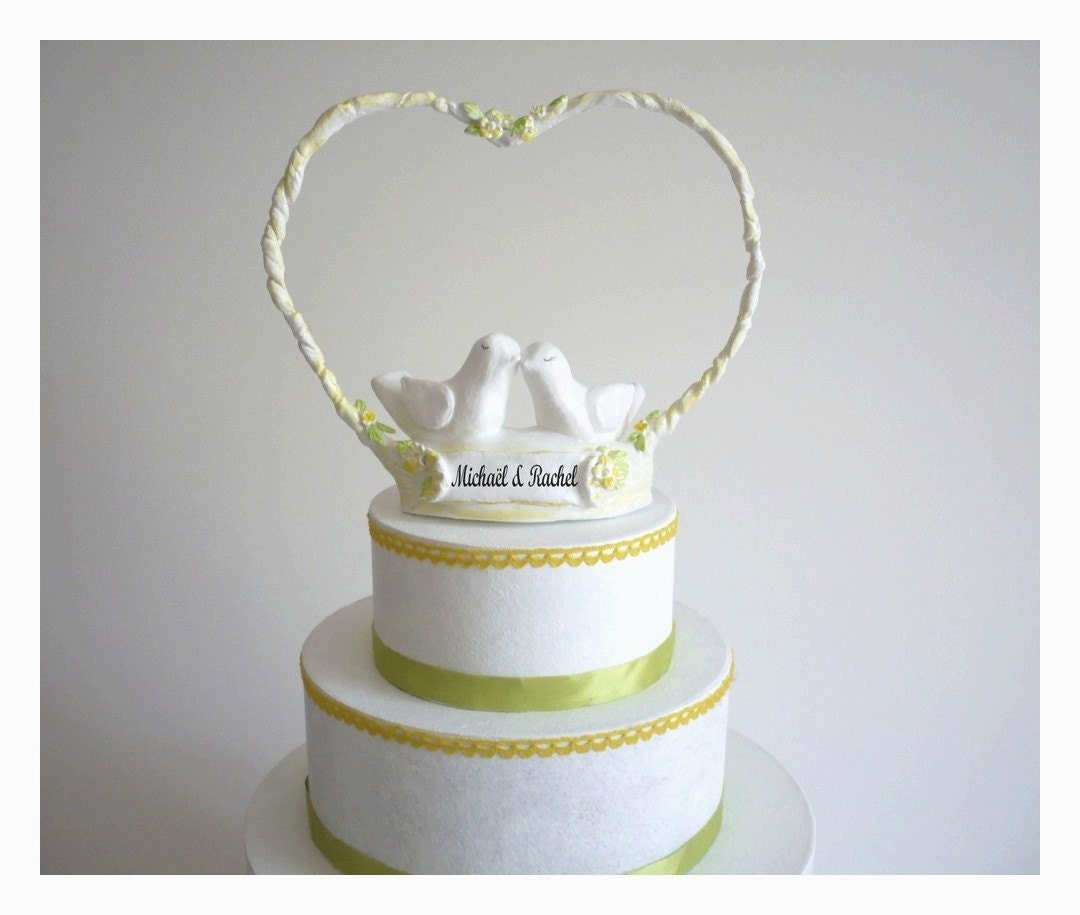 Ready to Ship - Wedding Cake Topper - Bride and Groom Love Birds with Heart Arch