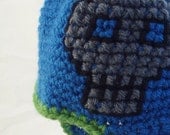 Blue Baby Hat with Earflaps, Embroidered Gray Pirate Skull and Matching Booties with Green Trim