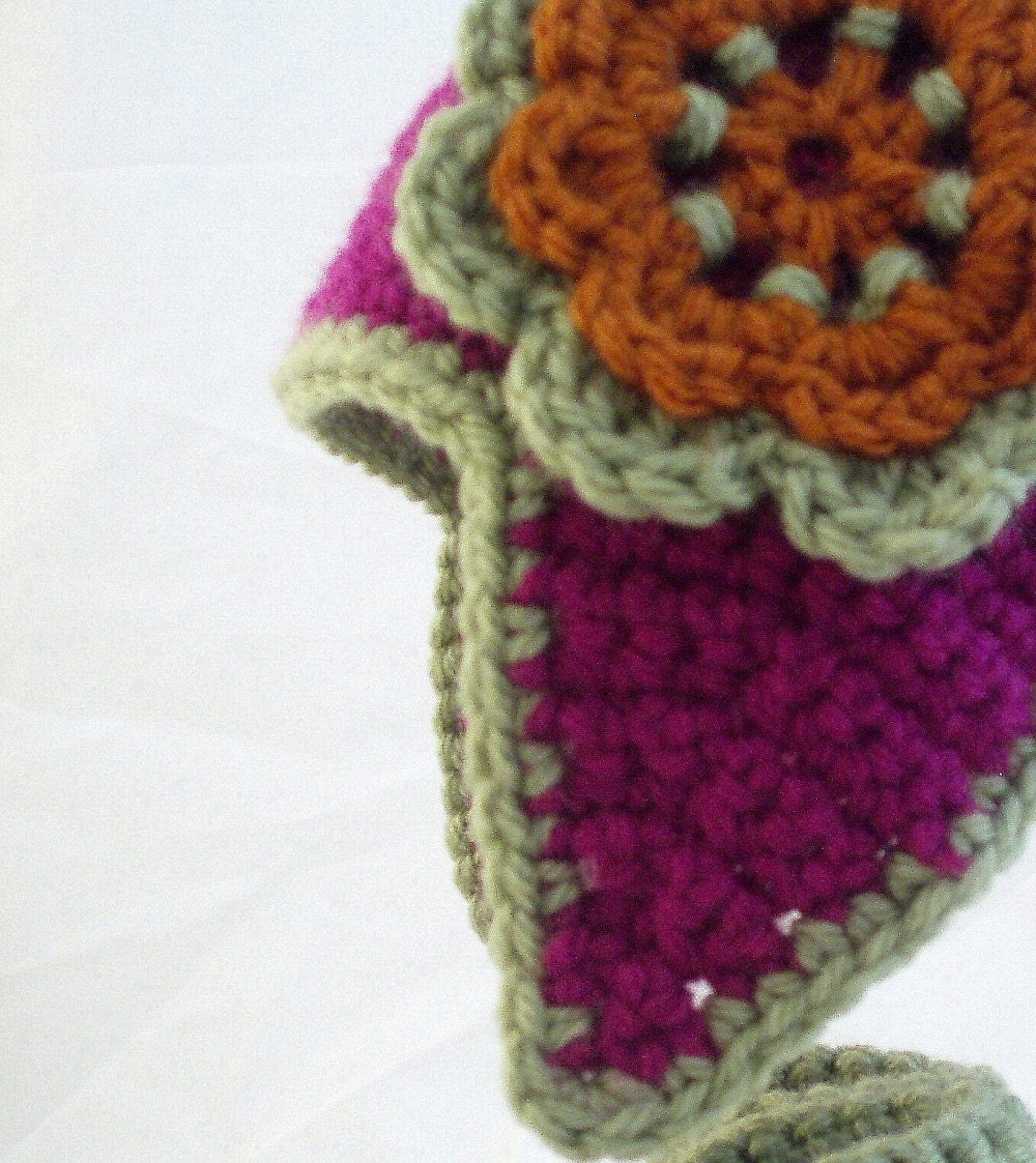Magenta Baby Hat with Earflaps, Pumpkin Spice and Sage Green Flower and Matching Booties