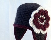 Dark Gray Baby Hat with Earflaps, Burgundy and White Flower and Matching Booties