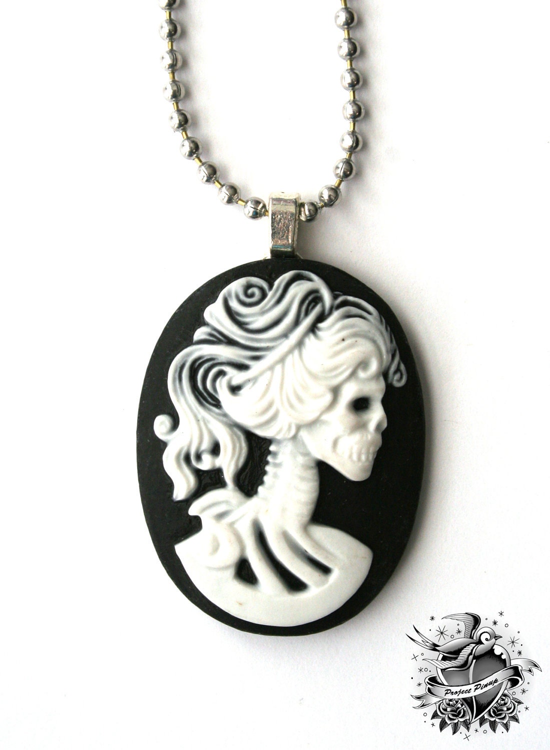 The Lady of Death- Black and White Skeleton Cameo Necklace JUST 5 BUCKS