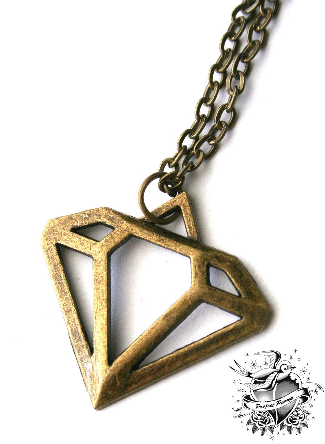 Antique Brass Diamond Tattoo Outline Charm 18" Chain Necklace