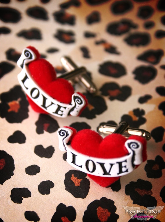 Love Tattooed Heart Mens Rockabilly Cufflinks