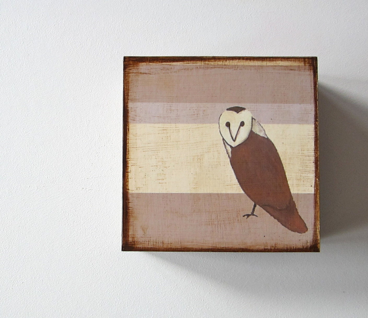 Barn Owl with Neutral Stripes 5x5 art block wood block grey brown white red tile studio