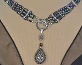 Elegant, Sterling Silver 3 Strand, Black Pearl, Sparkly Crystal, Chunky Sterling Choker Necklace,  With Front Toggle Closure