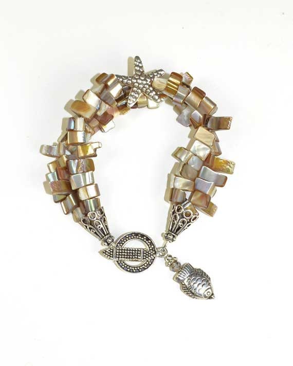 Two Strand, Mother of Pearl, Shell and Toggle, Starfish, Sterling Silver Bracelet