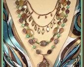 Long, Multi Strand, Wire Wrapped Ammonite Pendant and  Mother of Pearl, Turquoise Necklace, with Detachable Strands.