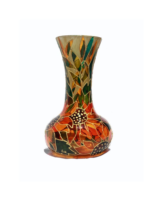 Hand Painted Glass Vase Sunflower Botanical Home decor Orange green Gold Kitchen Patio Decor - Decorative Glass Art