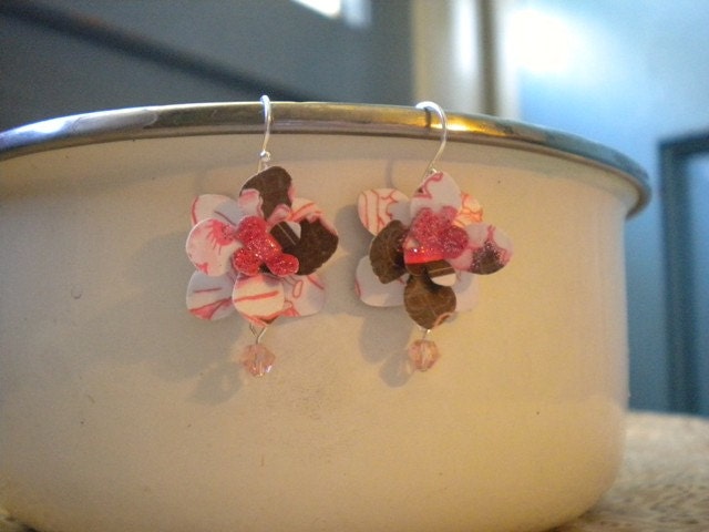 Paper Flower Earrings - Pink, Brown, & White Dangle Hydrangeas with Crystals
