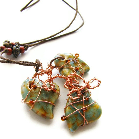 Ceramic Heart Necklace Wire Wrapped in Copper Rustic Style - I Heart You OOAK CLEARANCE - heversonart