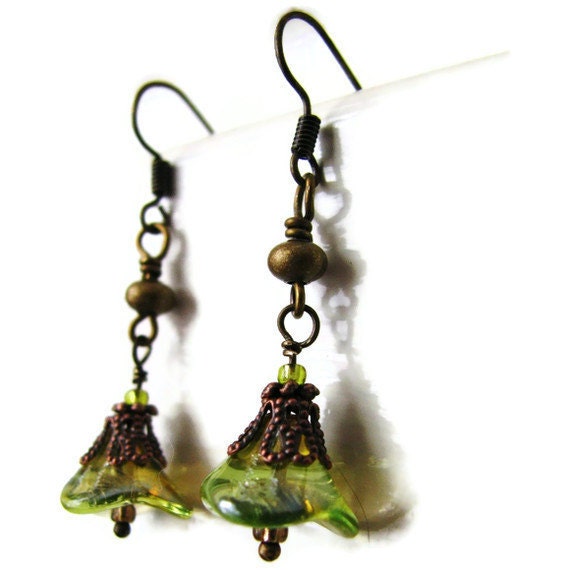 Olive Green Glass Flower and Brass Earrings - In The Meadow