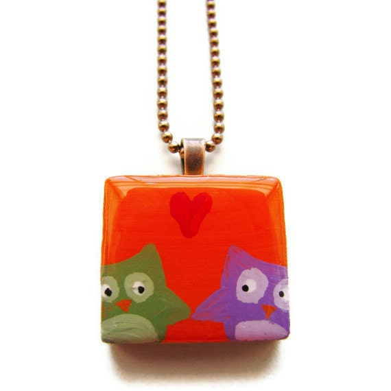 Owls in Love Painted Scrabble Necklace in Orange - Boy Meets Girl - heversonart