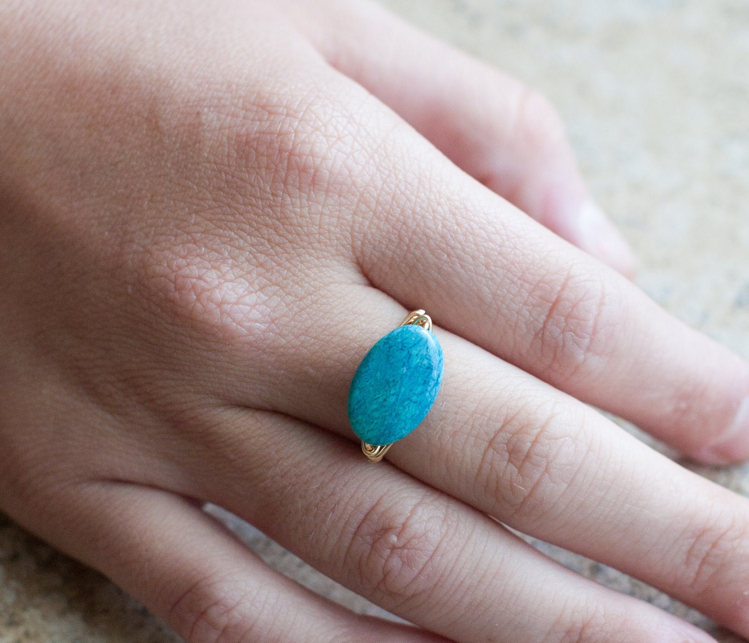 Turquoise ring-oval stone wire wrapped ring
