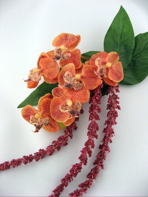 Orange, Peach Orchids Accented with Magenta Floral Plumes - SWEPT AWAY - Tropical Bridal Hair Clip Accessory