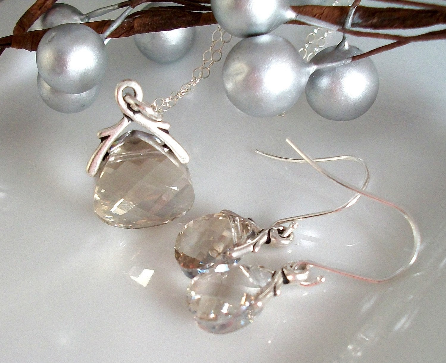 Silver Swarovski Crystal Briolette Necklace and Earring Set Bridesmaids Jewelry, Bridal Jewelry