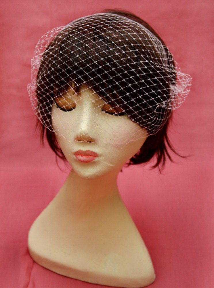 French netting bandeau birdcage veil, blush pink, ready to ship