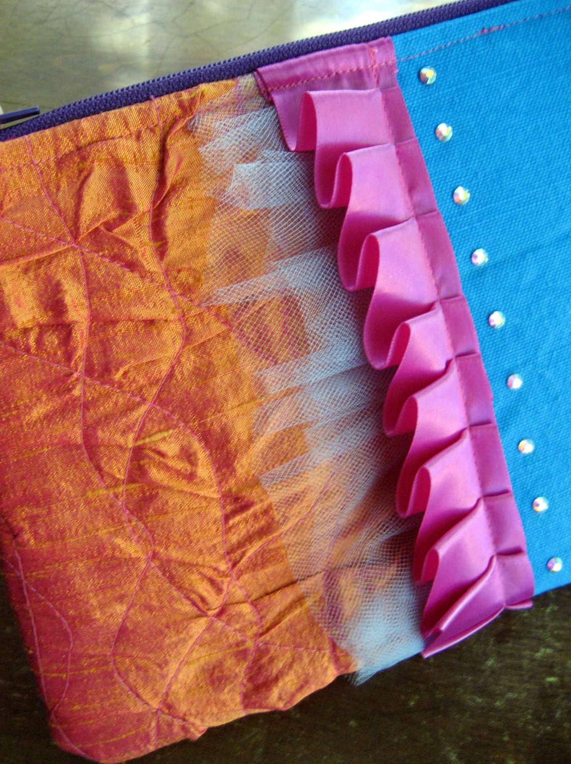 SALE Colorful Clutch / Pink Ruffle Orange Silk Blue Tulle & Crystals / Handmade