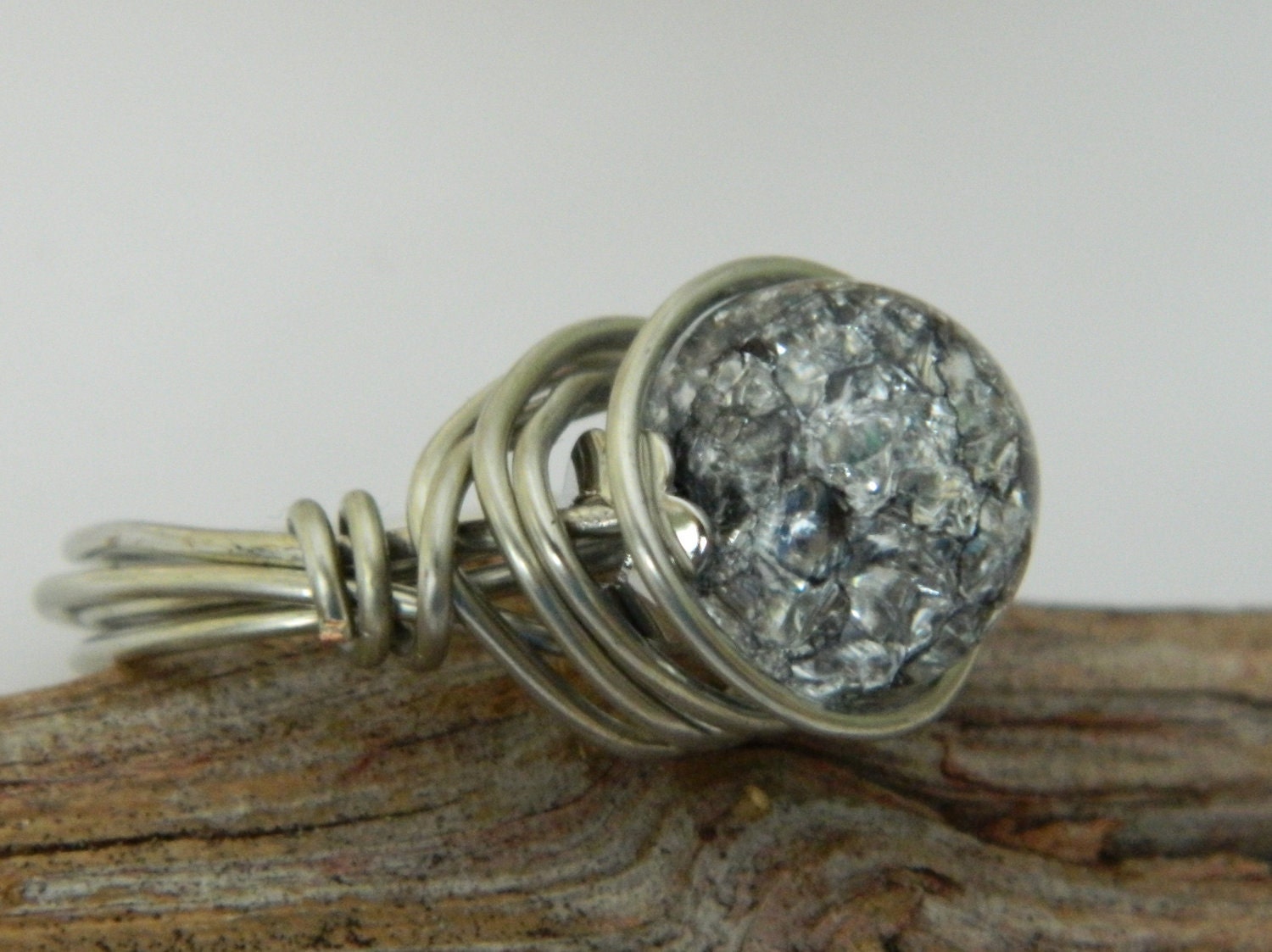 Blue Crackle Glass Silver Wire Wrapped Ring