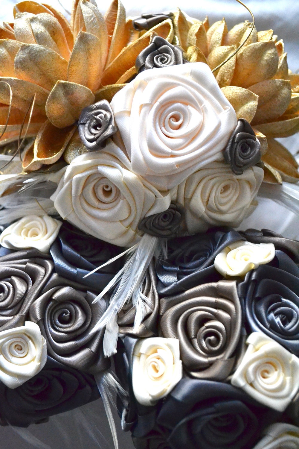 Feathers and Fabric, Ivory, Taupe and Gray Wedding Bridal Bouquet