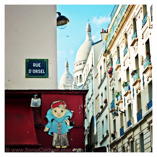 Montmartre, French clown child cartoon, Paris street sign, Sacre-Coeur, Rue d'Orsel, Sympa - 8x8 - Original Fine Art Photograph