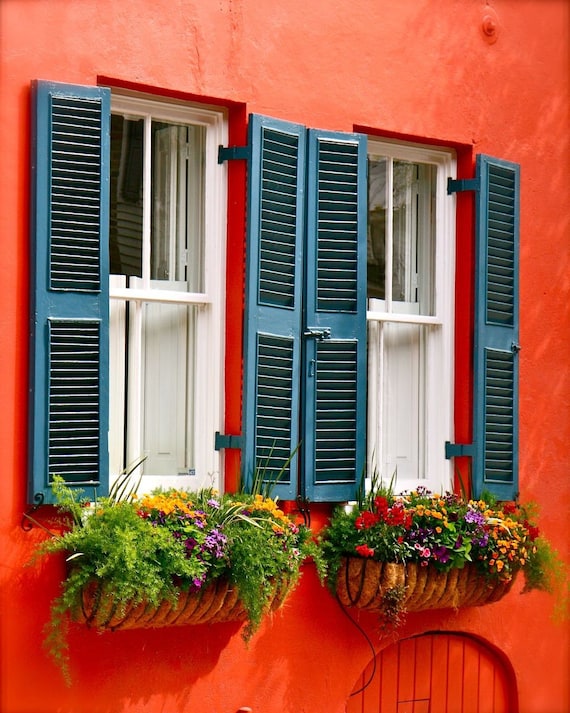 Coral Home Decor - Charleston Photography - Teal - Window Boxes Flowers - 8x10 Photograph - Colorful Print - Southern Wall Art - Photo
