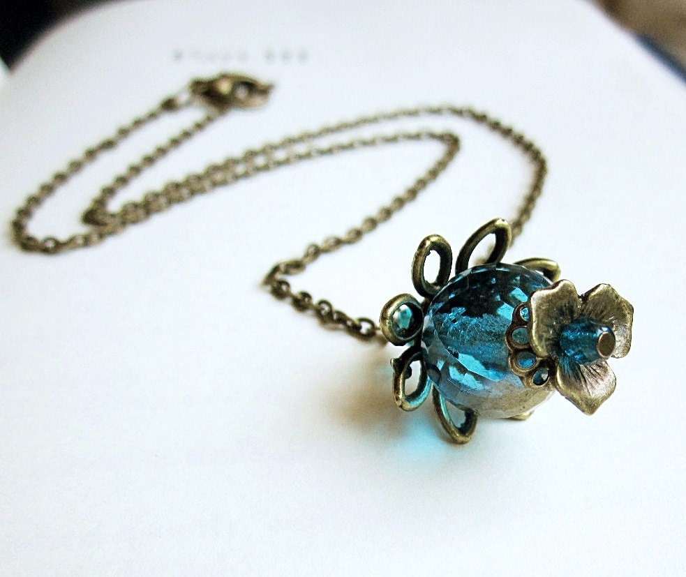 Pendant Necklace, Blue Czech Glass and Antiqued Brass