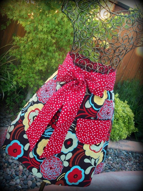 Women's Hostess Apron in Retro Floral, Alexandar Henry Mocca, Red Polka Dots/ Ladies Birthday Gift