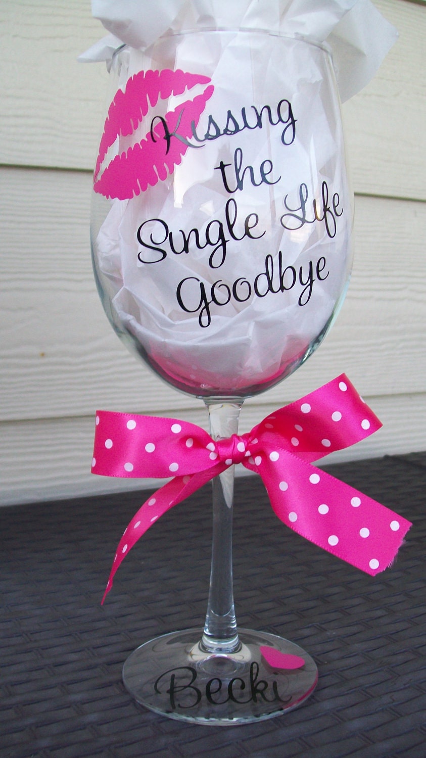 Personalized Wedding Party or Bachelorette Wine Glass...Kissing the Single Life Goodbye