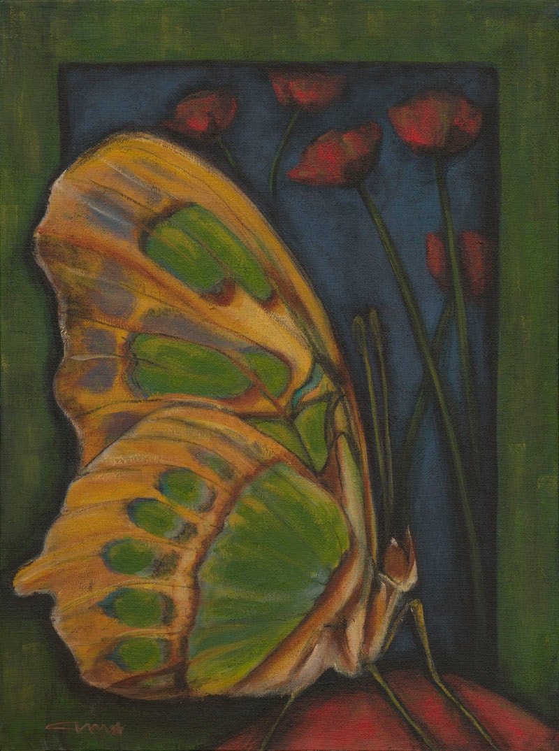 Butterfly Poppies Garden Painting Art Large 11 x 14 Signed Print Butterflies Emerald Green Wings Butter Fly Insect Nature Summer Flowers