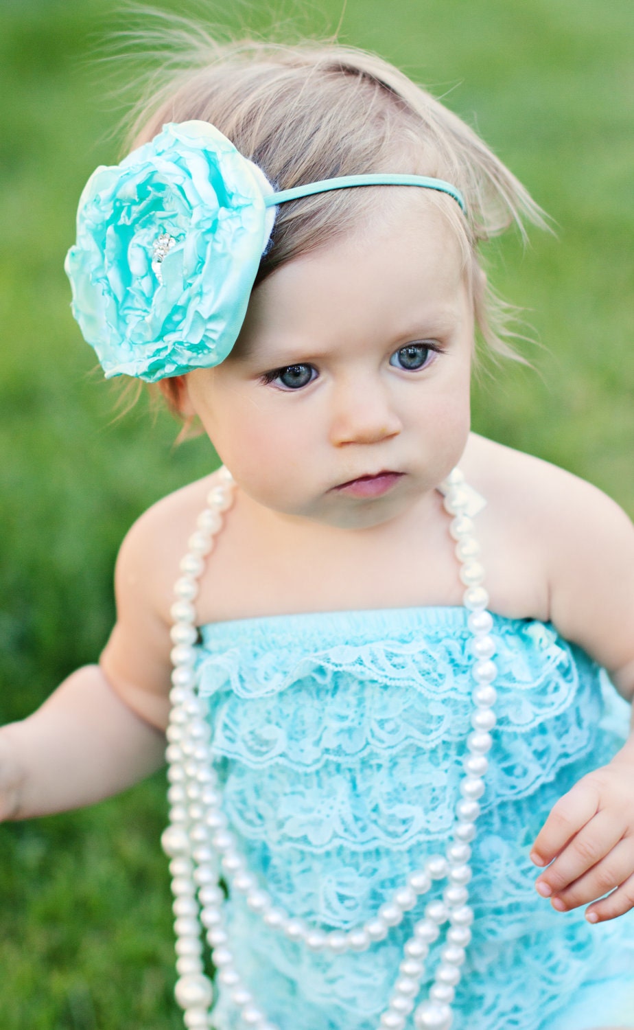 Aqua lace petti romper WITH HEADBAND