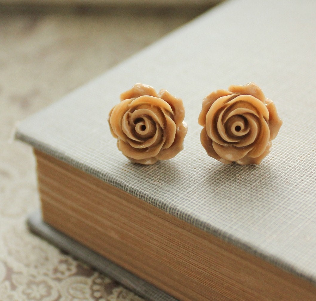 Flower Stud Earrings, Caramel Coffee, Rose Stud Earrings, Brown Rose, Resin Floral Jewelry, Sepia, Vintage style